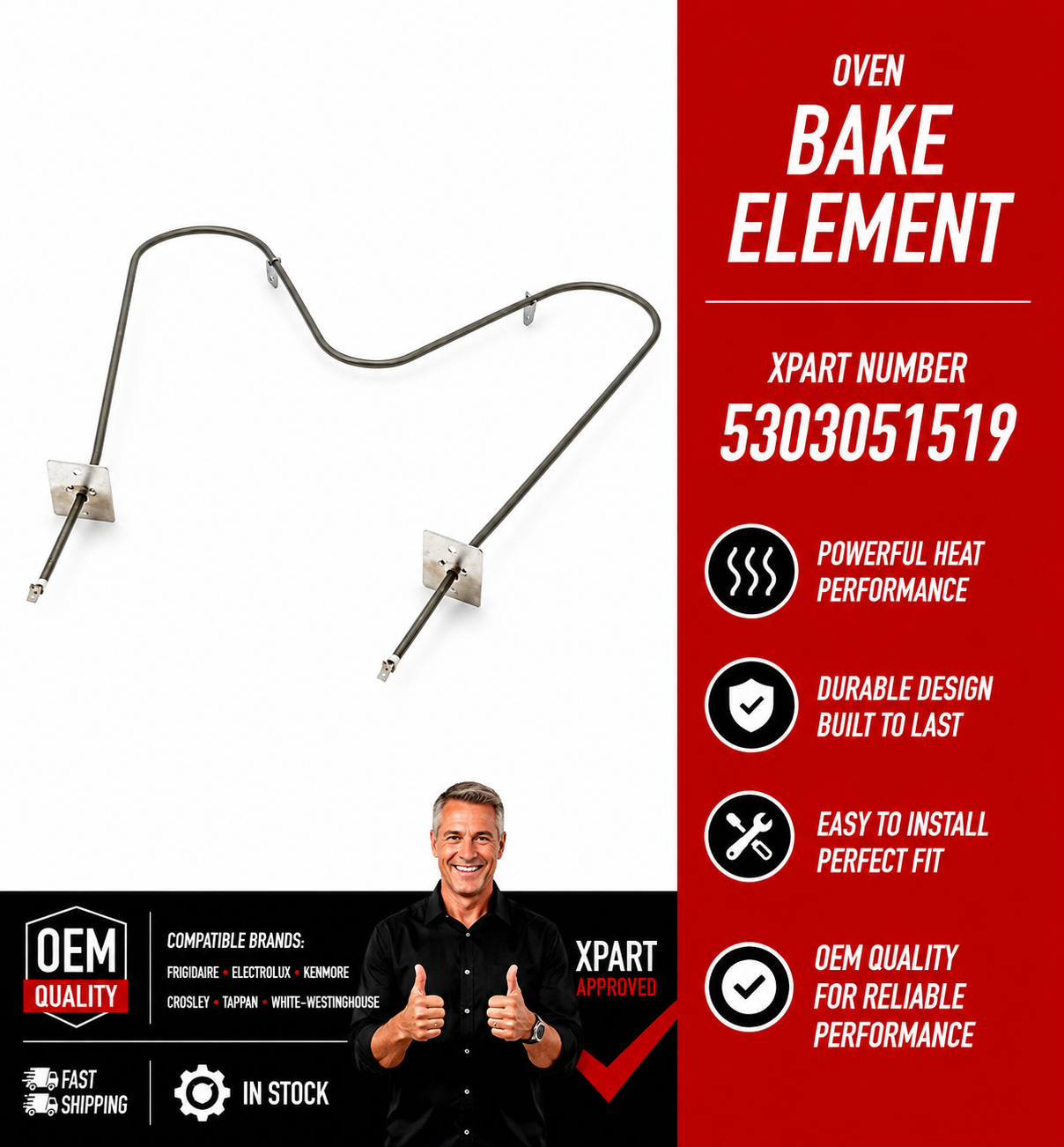 Oven bake element with Xpart number 5303051519 on a red and white background.