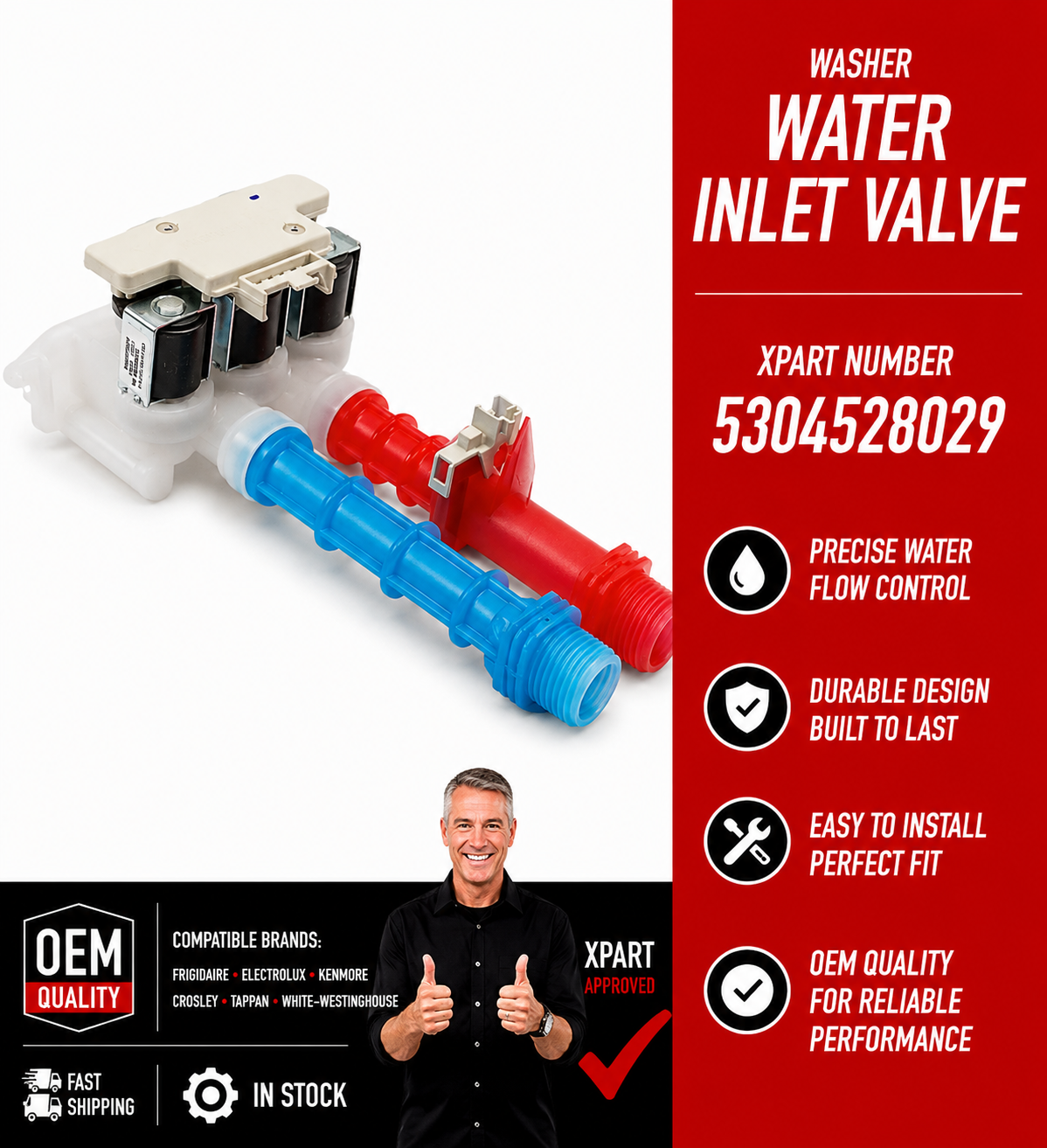 Washer water inlet valve with features and compatibility information on a red background