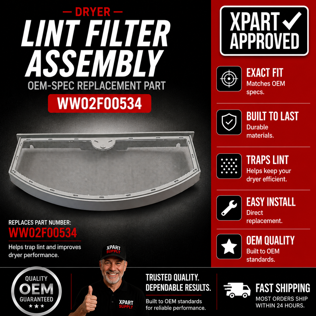 GE Dryer Lint Filter Assembly WW02F00534, U.S. Cross-Reference WE03X23881