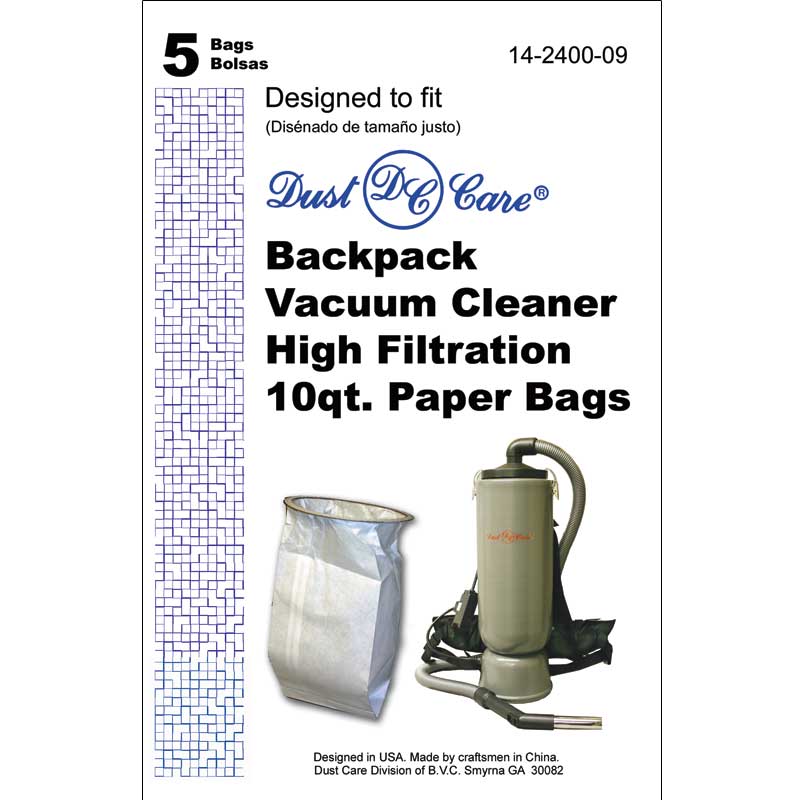 5Pk, Dust Care Back Pack-Alum. Body, Paper Bags, Part 14-2400-09 - Appliance Genie