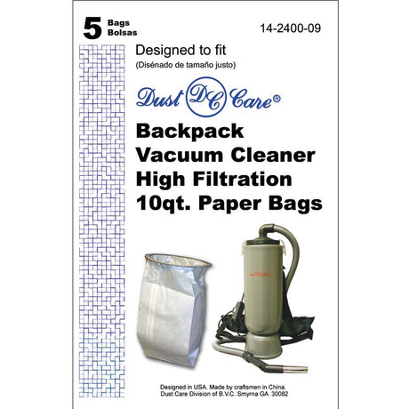 5Pk, Dust Care Back Pack-Alum. Body, Paper Bags, Part 14-2400-09 - Appliance Genie