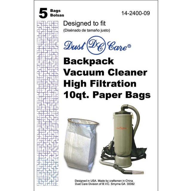 5Pk, Dust Care Back Pack-Alum. Body, Paper Bags, Part 14-2400-09 - Appliance Genie