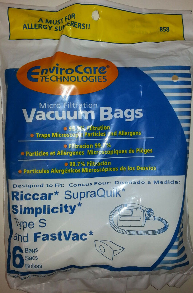 6 Vacuum Bags for Riccar, Simplicity, Fastvac Type S for Canisters. Part 858 - Appliance Genie