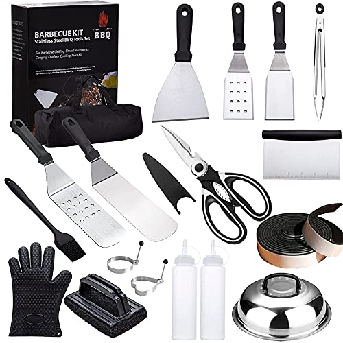 Griddle Accessories Kit,18 Pcs Griddle Grill Tools Set for Blackstone and Camp Chef,BBQ Spatula Set with Spatula, Basting Cover, Scraper, Bottle, Tongs, Egg Rings & Carry Bag - Appliance Genie