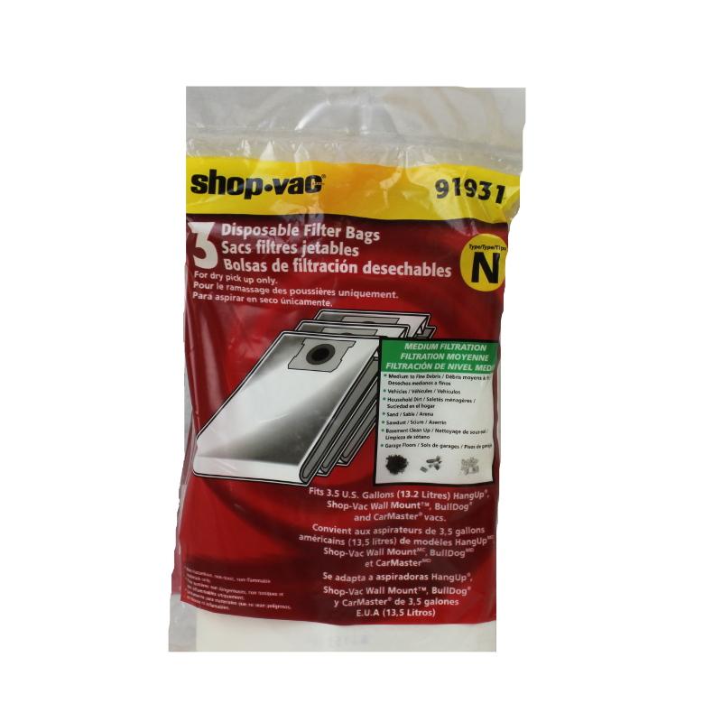 Shop Vac Type N Paper Bags, Hangup QSH30, Vacmaster VQ407S 3Pk Part 9193100 - Appliance Genie